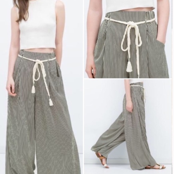 Zara Pants - Zara Wide Leg Striped Pants with Rope Belt